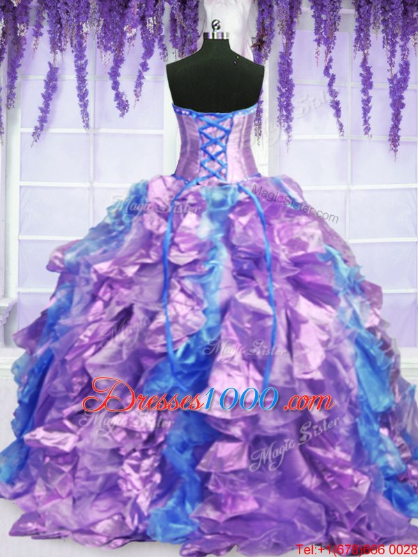 Shining Four Piece Lavender Sleeveless Embroidery and Ruffles Floor Length Sweet 16 Quinceanera Dress