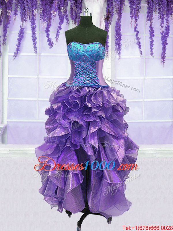 Custom Fit Four Piece Floor Length Lavender Sweet 16 Dresses Strapless Sleeveless Lace Up