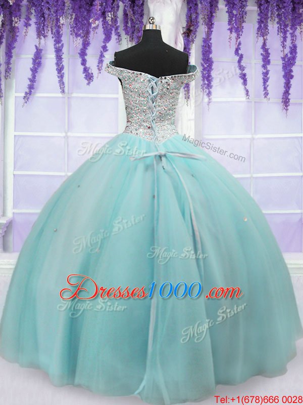 Custom Design Off the Shoulder Floor Length Ball Gowns Short Sleeves Light Blue Quinceanera Gowns Lace Up