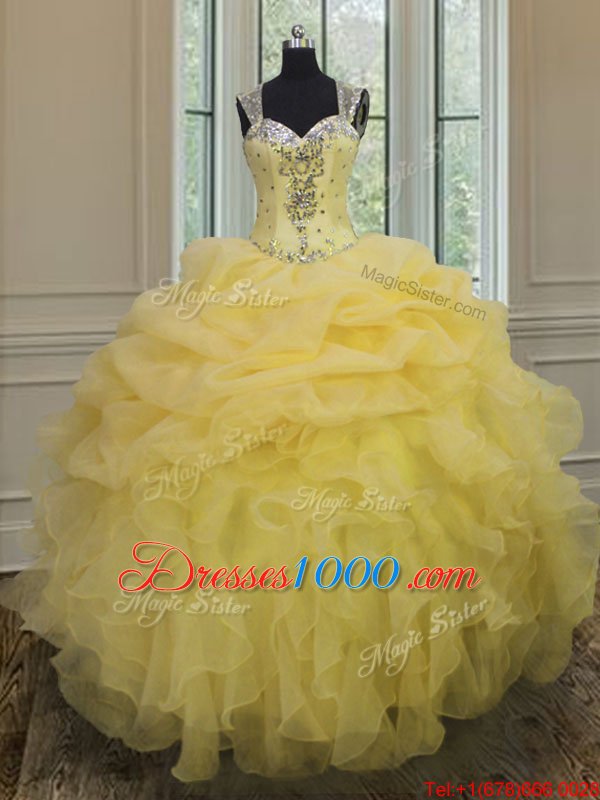 Suitable Floor Length Light Yellow Sweet 16 Dresses Straps Sleeveless Zipper