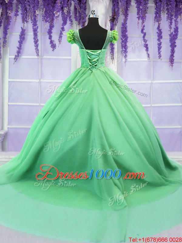 Best Scoop Short Sleeves Tulle 15th Birthday Dress Hand Made Flower Court Train Lace Up