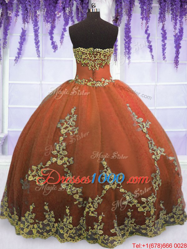 Rust Red Tulle Zipper Strapless Sleeveless Floor Length Sweet 16 Quinceanera Dress Appliques