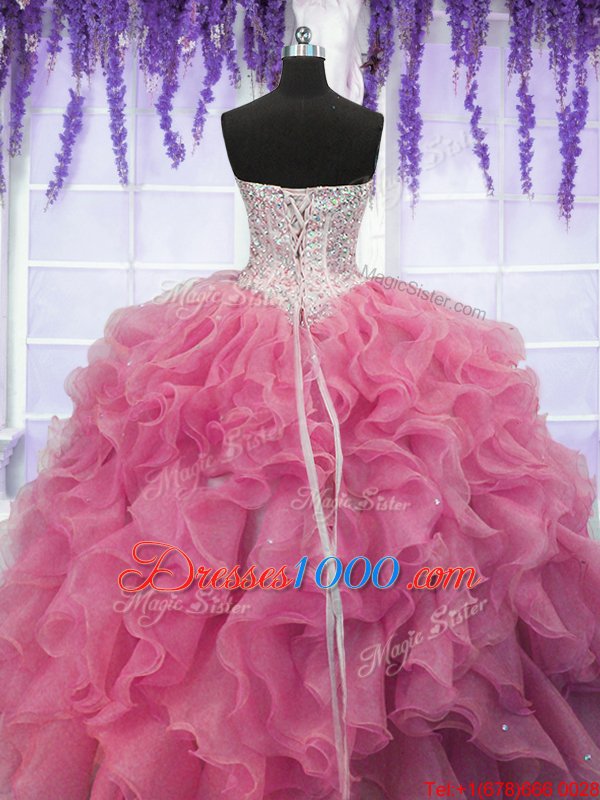 Sleeveless Floor Length Ruffles and Sequins Lace Up Quince Ball Gowns with Rose Pink