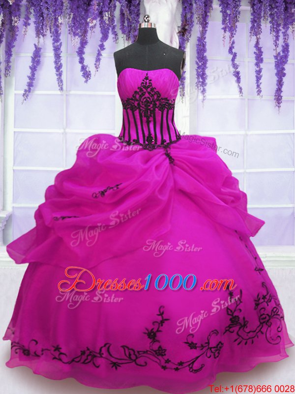 Eye-catching Strapless Sleeveless Organza Sweet 16 Dresses Embroidery and Pick Ups Lace Up