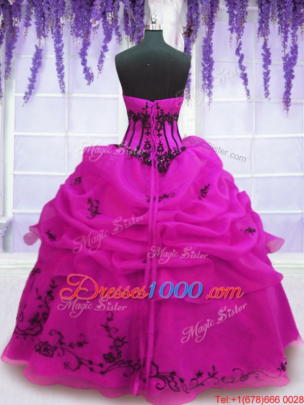 Eye-catching Strapless Sleeveless Organza Sweet 16 Dresses Embroidery and Pick Ups Lace Up