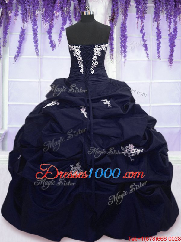 Navy Blue Lace Up Strapless Appliques and Pick Ups Vestidos de Quinceanera Taffeta Sleeveless