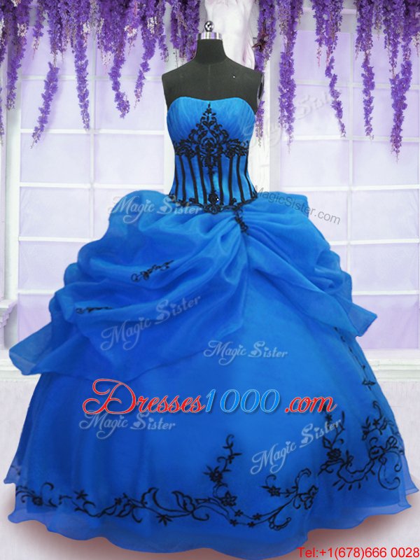 Blue Strapless Lace Up Embroidery Vestidos de Quinceanera Sleeveless