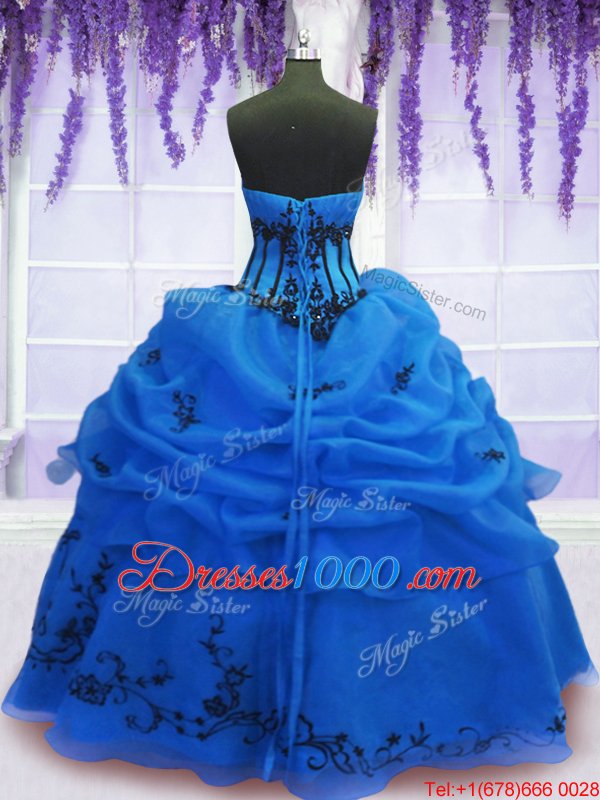 Blue Strapless Lace Up Embroidery Vestidos de Quinceanera Sleeveless