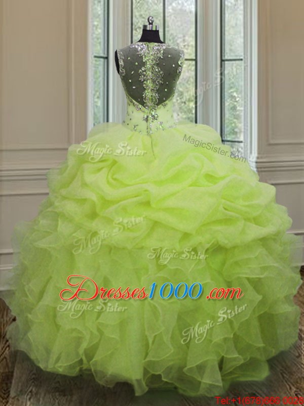 Straps Straps Yellow Green Sleeveless Organza Zipper Ball Gown Prom Dress for Military Ball and Sweet 16 and Quinceanera