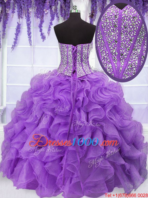 Eye-catching Organza Sweetheart Sleeveless Lace Up Beading and Ruffles Sweet 16 Dress in Purple