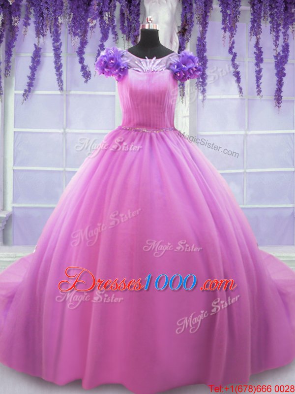 Stunning Scoop Hand Made Flower Quinceanera Gown Rose Pink Lace Up Short Sleeves Floor Length