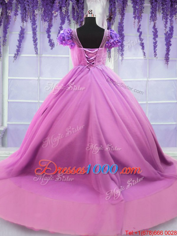 Stunning Scoop Hand Made Flower Quinceanera Gown Rose Pink Lace Up Short Sleeves Floor Length