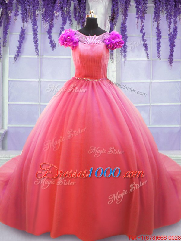 Fabulous Watermelon Red Tulle Lace Up Scoop Short Sleeves 15th Birthday Dress Court Train Hand Made Flower