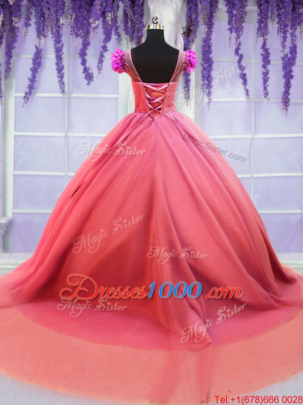 Fabulous Watermelon Red Tulle Lace Up Scoop Short Sleeves 15th Birthday Dress Court Train Hand Made Flower