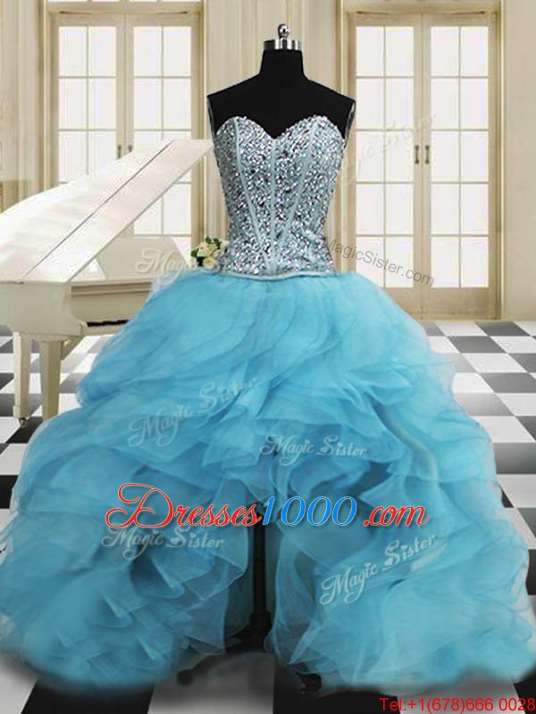 Captivating Three Piece Baby Blue Sweetheart Lace Up Beading and Ruffles Quinceanera Dresses Sleeveless