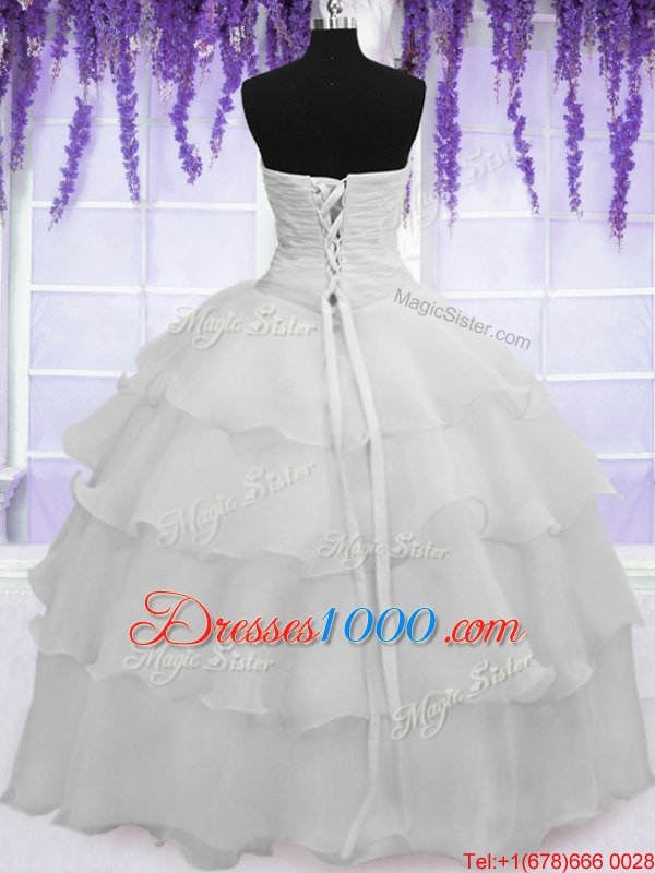 Affordable Ruffled Silver Sleeveless Organza Lace Up Quince Ball Gowns for Military Ball and Sweet 16 and Quinceanera