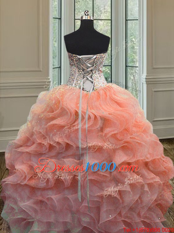 Lilac Ball Gowns Straps Sleeveless Organza Floor Length Zipper Beading and Ruffles 15th Birthday Dress