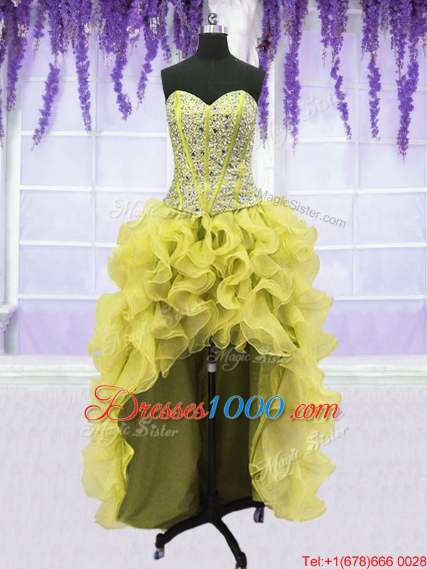 Four Piece Floor Length Lace Up Ball Gown Prom Dress Light Yellow and In for Military Ball and Sweet 16 and Quinceanera with Beading and Ruffles
