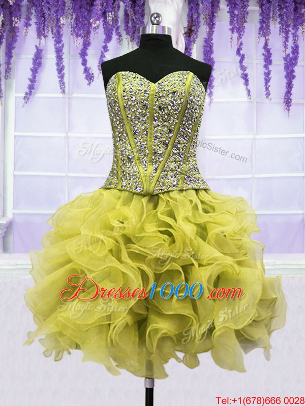 Four Piece Floor Length Lace Up Ball Gown Prom Dress Light Yellow and In for Military Ball and Sweet 16 and Quinceanera with Beading and Ruffles