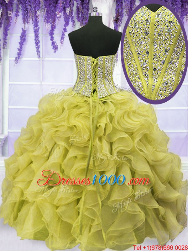 Four Piece Floor Length Lace Up Ball Gown Prom Dress Light Yellow and In for Military Ball and Sweet 16 and Quinceanera with Beading and Ruffles