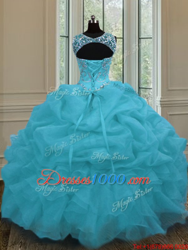 Super Scoop Sleeveless Quince Ball Gowns Floor Length Beading and Pick Ups Baby Blue Organza