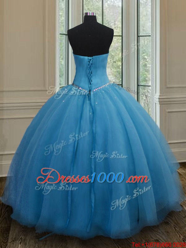 Sleeveless Floor Length Beading and Belt Lace Up Quince Ball Gowns with Baby Blue