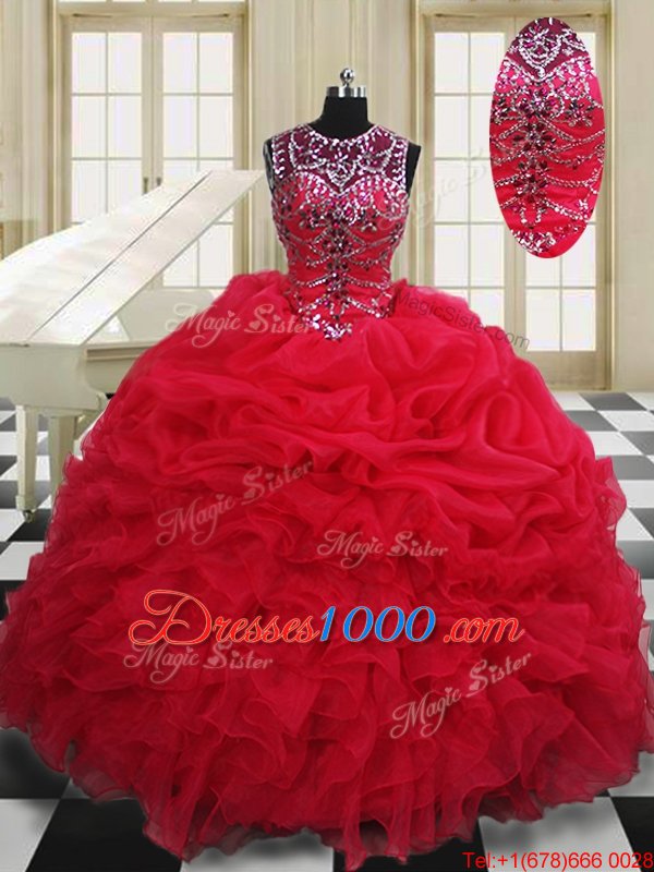 Red Quinceanera Dresses Military Ball and Sweet 16 and Quinceanera and For with Beading and Pick Ups Scoop Sleeveless Lace Up