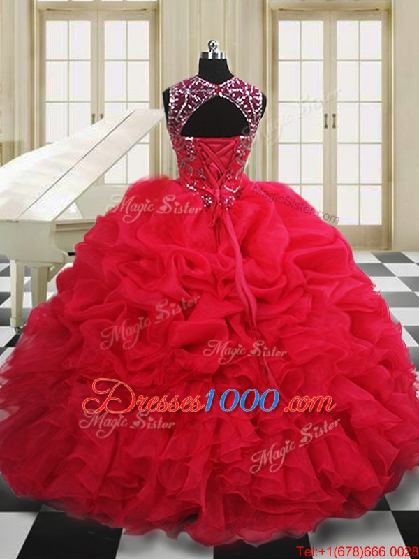 Red Quinceanera Dresses Military Ball and Sweet 16 and Quinceanera and For with Beading and Pick Ups Scoop Sleeveless Lace Up