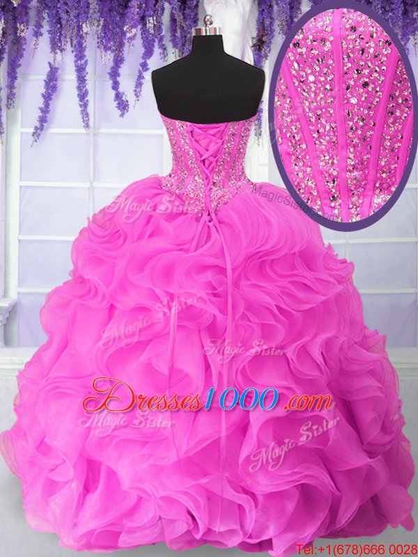 Fuchsia Organza Lace Up Quinceanera Gowns Sleeveless Floor Length Beading and Ruffles
