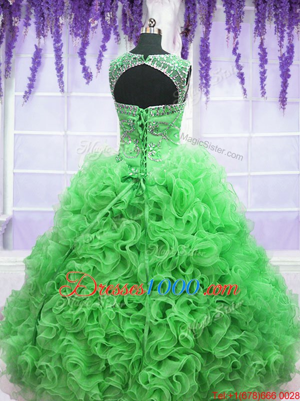 Green Lace Up Scoop Beading and Ruffles 15th Birthday Dress Organza Sleeveless