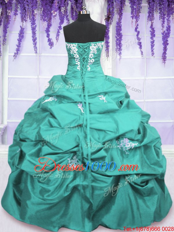 Aqua Blue Strapless Neckline Appliques and Ruching and Pick Ups Quinceanera Gown Sleeveless Lace Up