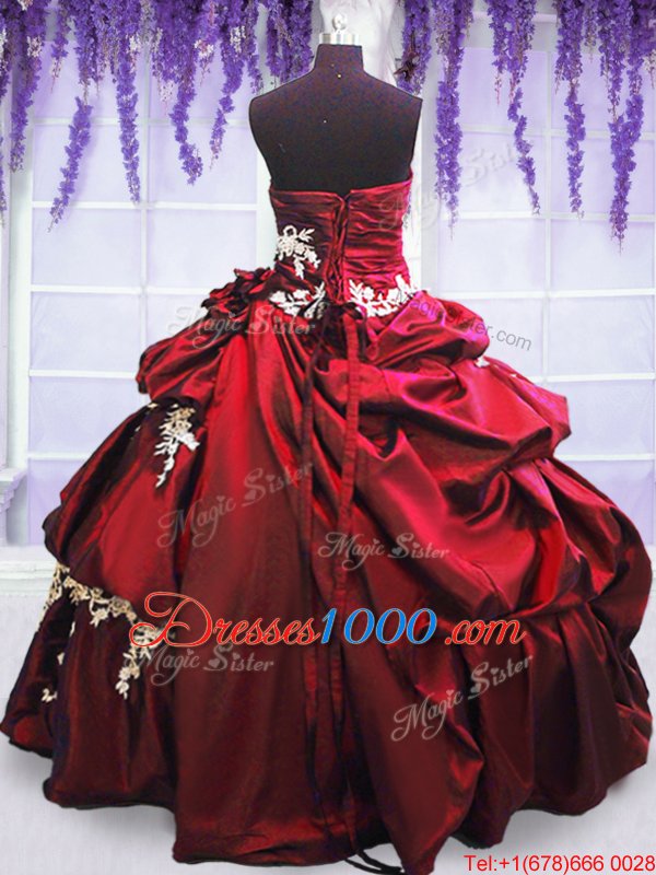 Glorious Wine Red Sleeveless Floor Length Appliques and Pick Ups Lace Up Quinceanera Dresses