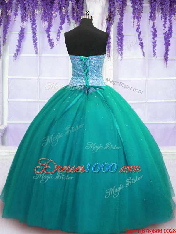 Turquoise Sleeveless Tulle Lace Up Vestidos de Quinceanera for Military Ball and Sweet 16 and Quinceanera