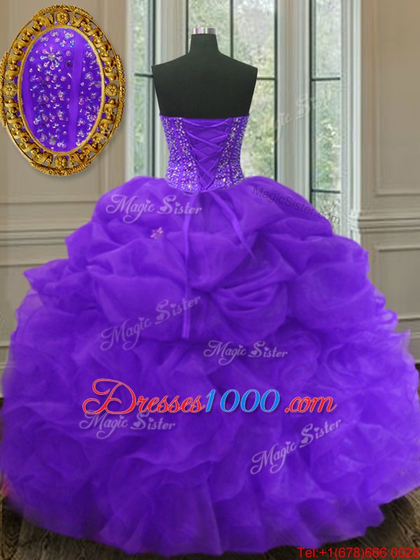 Purple Lace Up Sweetheart Beading and Ruffles and Pick Ups Quinceanera Dresses Organza Sleeveless