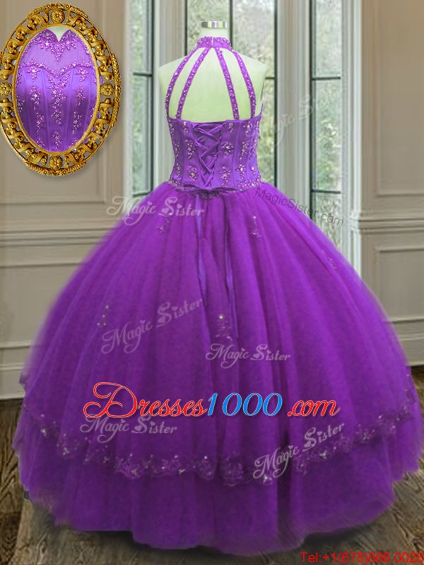 Admirable Purple Lace Up High-neck Beading and Appliques Quinceanera Dresses Tulle Sleeveless