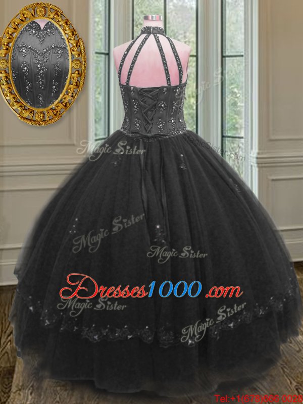 Exceptional Black Lace Up High-neck Beading and Appliques Sweet 16 Quinceanera Dress Tulle Sleeveless