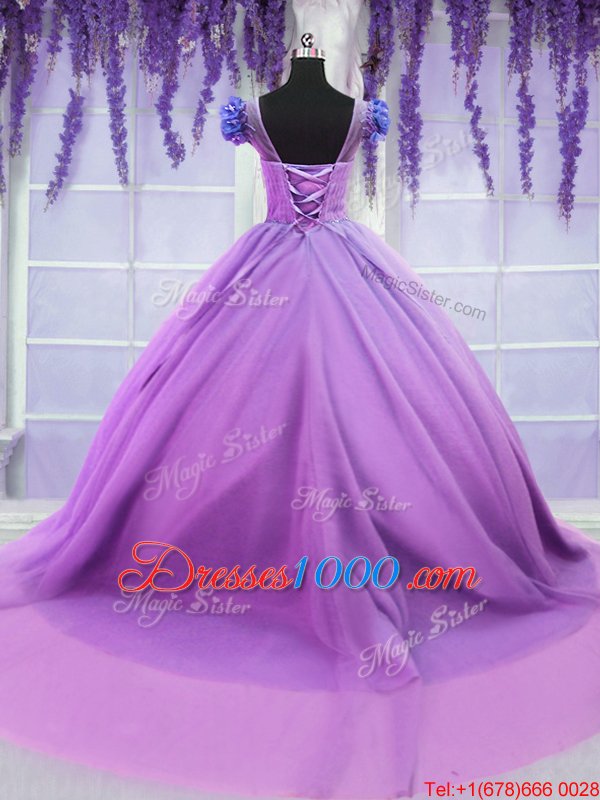 Edgy Scoop Short Sleeves Floor Length Hand Made Flower Lace Up Sweet 16 Dresses with Lilac