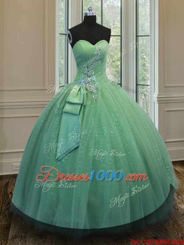 Floor Length Green Quince Ball Gowns Tulle and Sequined Sleeveless Beading and Ruching and Bowknot