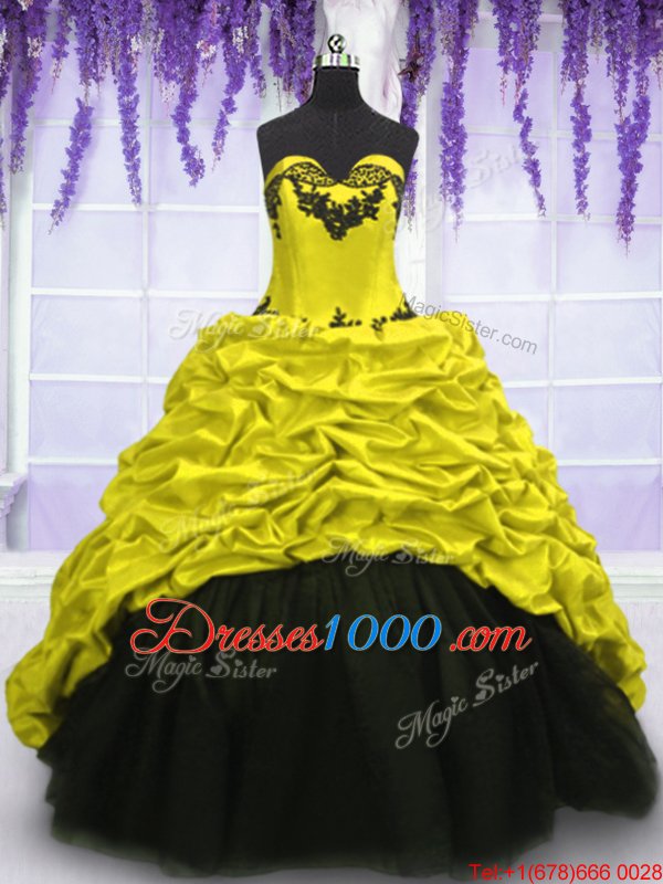 Fancy Taffeta Sleeveless With Train Vestidos de Quinceanera Sweep Train and Appliques and Pick Ups
