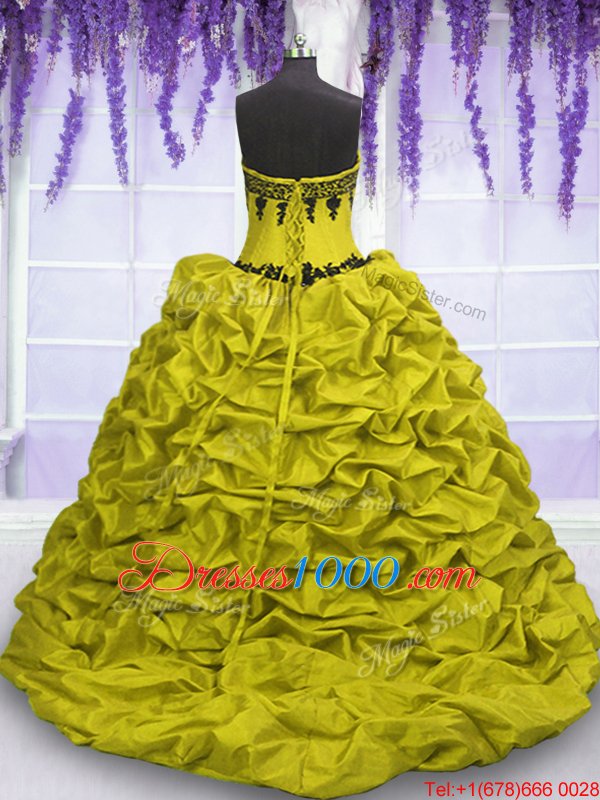 Fancy Taffeta Sleeveless With Train Vestidos de Quinceanera Sweep Train and Appliques and Pick Ups