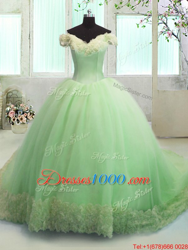 Off the Shoulder Apple Green Lace Up 15th Birthday Dress Hand Made Flower Short Sleeves With Train Court Train