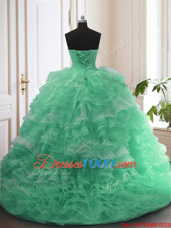 With Train Ball Gowns Sleeveless Apple Green Ball Gown Prom Dress Sweep Train Lace Up