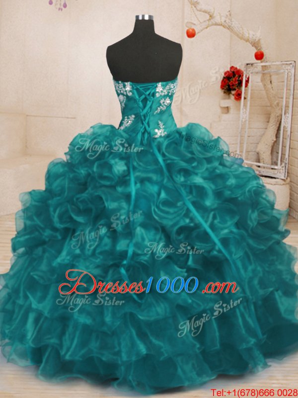 Great Ball Gowns Sweet 16 Quinceanera Dress Turquoise Strapless Organza Sleeveless Floor Length Lace Up