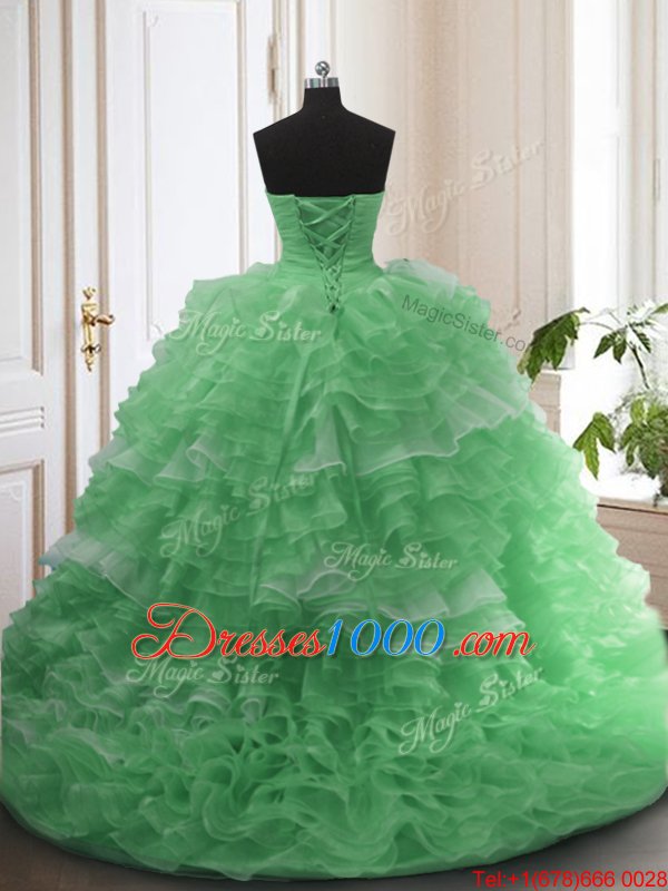 Discount Sleeveless Sweep Train Beading and Ruffled Layers Lace Up Sweet 16 Dresses