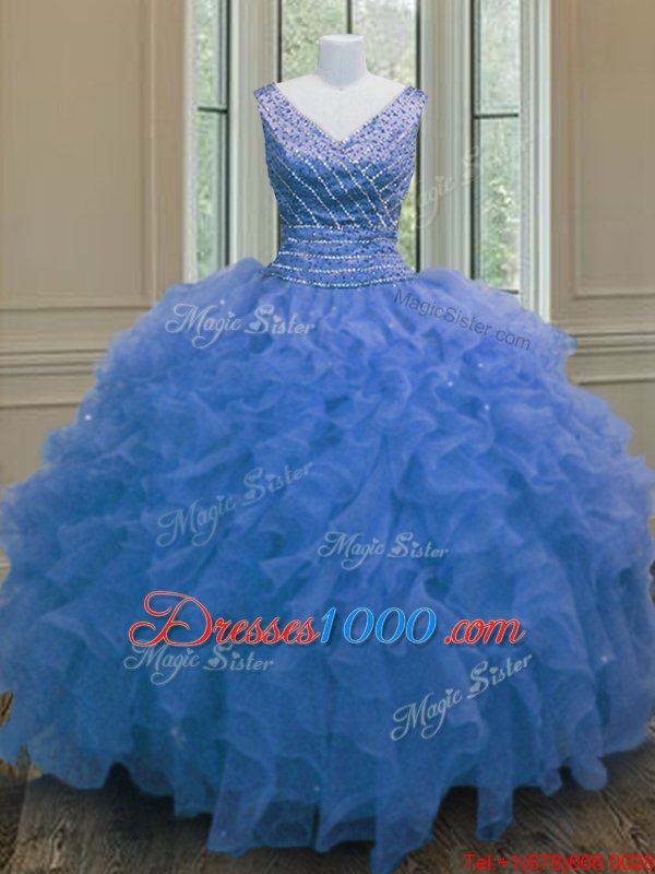 Floor Length Zipper Quinceanera Dress Blue and In for Military Ball and Sweet 16 and Quinceanera with Beading and Ruffles