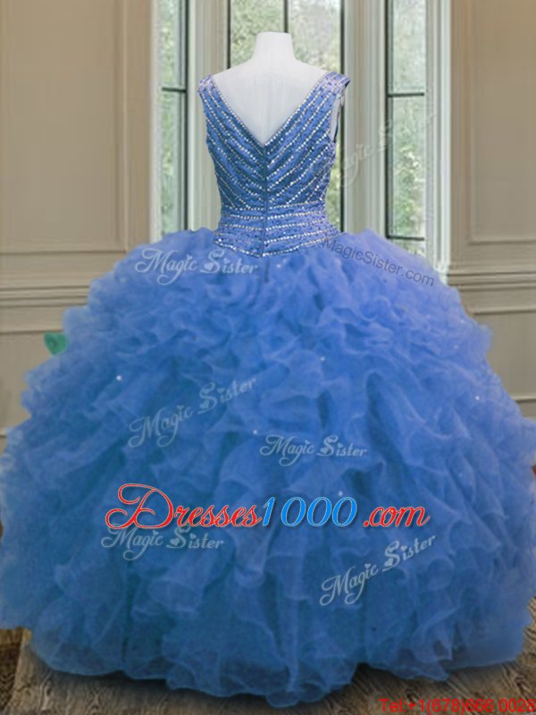 Floor Length Zipper Quinceanera Dress Blue and In for Military Ball and Sweet 16 and Quinceanera with Beading and Ruffles