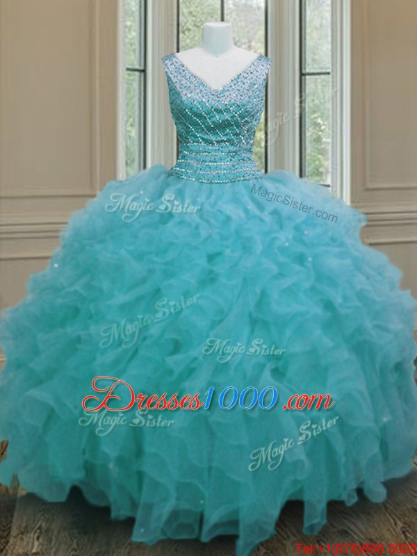 Popular Aqua Blue Sleeveless Floor Length Beading and Ruffles Zipper Vestidos de Quinceanera