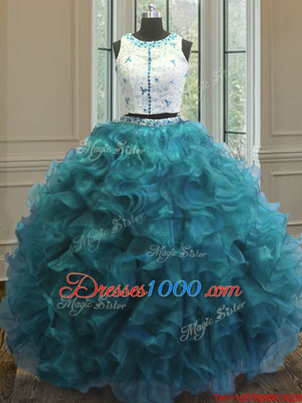 Admirable Scoop Clasp Handle Teal Sleeveless Beading and Ruffles Floor Length Quinceanera Dresses