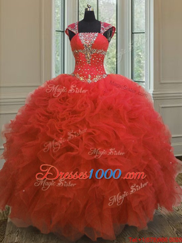 Comfortable Straps Straps Sequins Floor Length Ball Gowns Cap Sleeves Coral Red Quinceanera Dress Lace Up