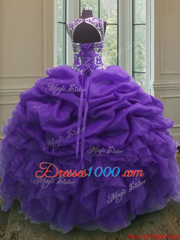 Custom Design Scoop Sleeveless Floor Length Beading and Ruffles and Pick Ups Lace Up Quinceanera Dress with Purple